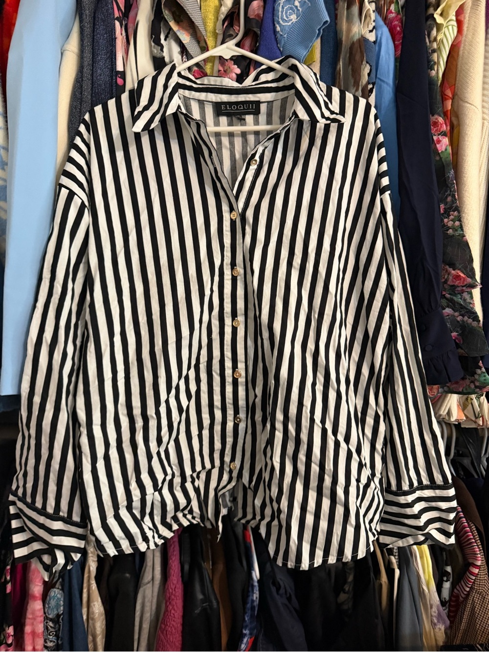 Eloquii Black and White Vertical Stripe Button-Down Shirt 22